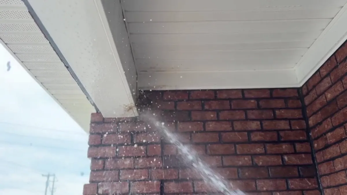 Soft washing bird nesting debris out of the soffit above a brick commercial building